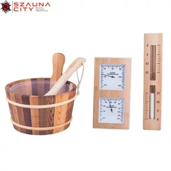 Cédrus dézsa szauna szett: dézsa, kanál, hőmérő-páramérő és homokóra fehér homokkal