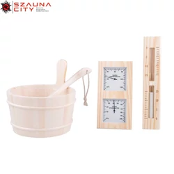 FENYŐ dézsa szauna szett: dézsa, kanál, hőmérő-páramérő és homokóra fehér homokkal